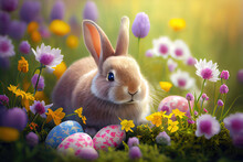 Cute Rabbit As Easter Bunny Sitting With Easter Eggs And Flowers As Illustration (Generative AI)