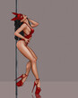 sexy pole dance woman in red costume and bunny mask
