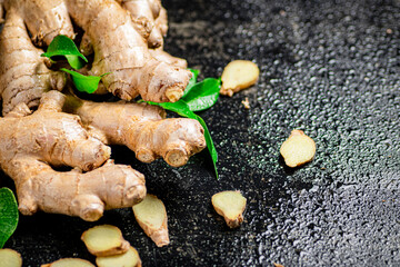 Poster - Pieces of fragrant ginger with leaves. 