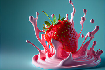 Wall Mural - Strawberrie, flying strawberry colored yogurt around it, majestic, authentic colors, perfect color graded