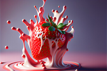 Wall Mural - Strawberrie, flying strawberry colored yogurt around it, majestic, authentic colors, perfect color graded