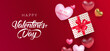 Happy Valentine's Day with hearts balloons and gift box red background and social media templates
