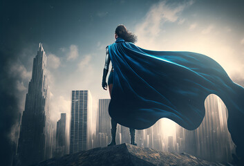 Super hero woman looking out over a city skyline. Generative ai