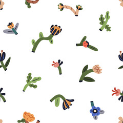 Fototapete - Creative fancy flowers, seamless pattern. Endless modern botanical background, whimsical naive primitive floral plants, repeating print. Texture design for fabric, wrapping. Flat vector illustration