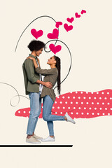 Poster - Composite photo collage of two young positive lovely people hugs thinking about their feelings honeymoon together isolated on painted background