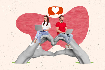 Poster - Collage photo artwork of two young remote workers use laptops chatting love story fingers showing heart symbol isolated on painted pink background