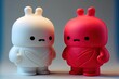Zwei Niedliche sich liebende LGBTQ+ Valentinstag Diversität Charakter 3D Plastik Figuren beige weiß und baby blau mit einem Herz im japanischen Kawai Stil (generatives AI)