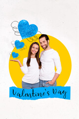 Wall Mural - Vertical collage picture of two cheerful partners embrace hand hold demonstrate heart symbols valentine day isolated on painted background