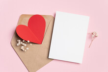 Valentines Day Card Mockup And Red Hearts In Envelope On Pink Paper Background