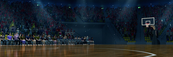 Wall Mural - Dark 3D model of empty basketball arena, court, playground under spotlight for basketball game competition, championship. Stadium full of sport fans. Concept of sport, action, motion. Ad, poster