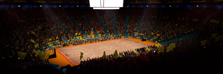 Wall Mural - Aerial view. 3D model of empty basketball arena, court, playground in spotlights for game competition, championship. Stadium full of sport fans. Concept of sport, action, motion. Ad, poster