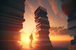 a man standing among many books against a sunset background, generative AI