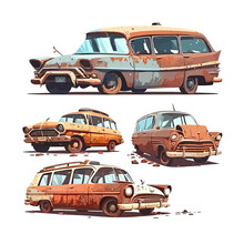 Broken Old Cars Set. Abandoned Ruined Damaged Junk Autos. Isolated On Background. Vector Illustration