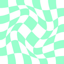 Distorted Chessboard With Vortex Effect. Twisted Checkered Optical Illusion. Psychedelic Pattern With Warped Green And White Squares. Dizzy Checkerboard Surface