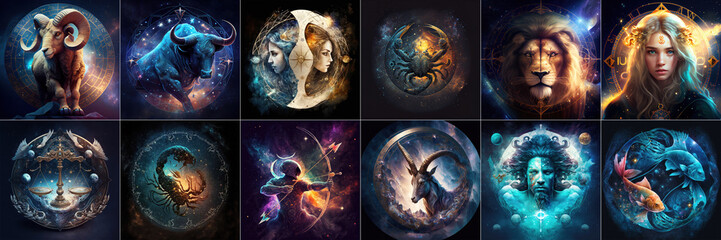 set of magical zodiac signs in universe, generative ai