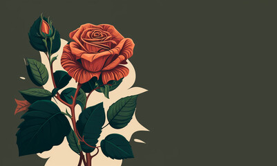 A red rose with green leaves on a black background, Generative AI