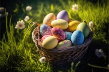 Basket Of Easter Eggs On Green Grass At Sunny Day. AI Generated.