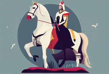 Knight on white horse. Minimalist image..