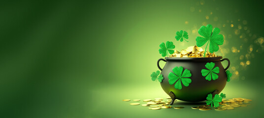 black pot full of gold coins and shamrock leaves. st. patrick's day abstract green background for de