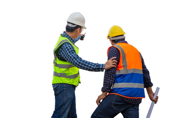 Engineer and foreman worker checking project at building site, Engineer and builders in hardhats discussing on construction site, Teamwork concepts