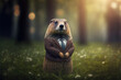 A groundhog dressed in a business suit, looking into the distance, standing in the forest. Generative AI.