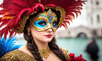 A close-up of a traditional Venetian mask with a geometric design and intricate details