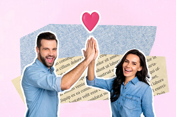 Creative collage picture of two positive satisfied partners arm palm give high five success heart figure piece book page text