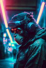 Cyber Punk Chimpanzees In Augmented Reality Vr Glasses In A Neon-lit City, Avatar Technology, Meta Universes, Future Technology. Generative AI