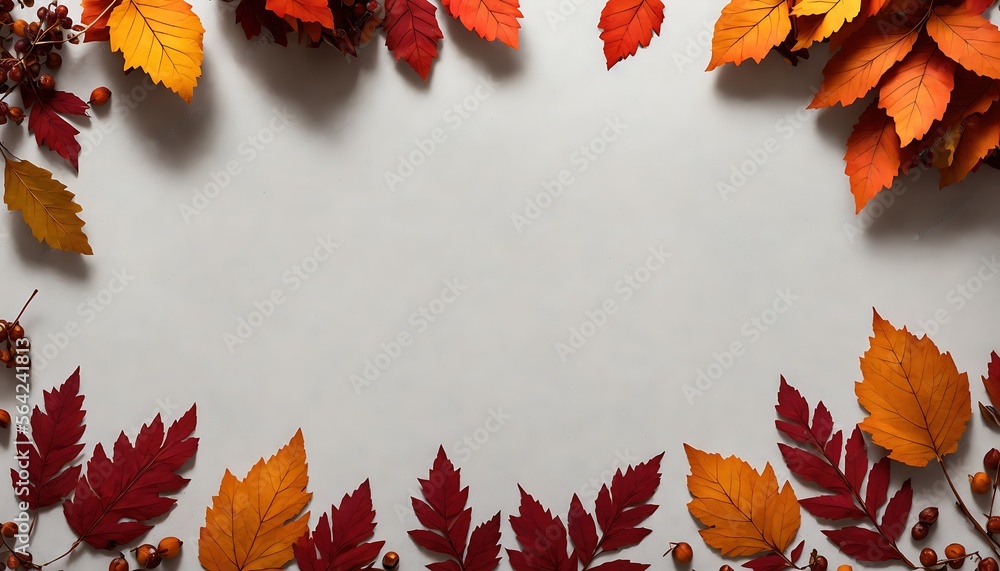 Fall leaves arranged in a circle on a white background, Autumn composition. Dried leaves flowers rowan berries on - created with Generative AI