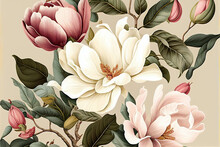 Composition Pattern Magnolia Flowers And Peonies With Branches And Leaves On A Light Background. Holiday Greeting With Space For Text, Wedding, Valentine's Day, Women's Day. Natural. Generative AI