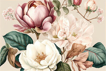 Composition Pattern Magnolia Flowers And Peonies And Leaves On Light Background. Holiday Greeting With Space For Text, Wedding, Valentine's Day, Women's Day. Natural Florist Design. Generative AI