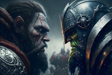 Battle Of Orcs And Paladins, The World Of Warcraft. A Man And An Orc Face To Face, The Confrontation Of The Warriors. Orcs And Men In Armor