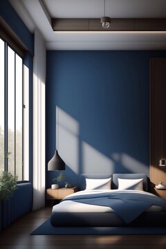moderne schlafzimmer interieur gestaltung, mit verwendung von blauer farbe und holzelementen, ki gen