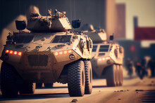 Convoy Of American Armored Vehicles, Ready For Action In A Warzone. Generative AI