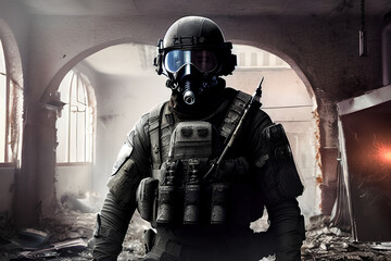 Sticker - soldier with a gas mask, Ukrainian, war, city, spec ops soldier lurking in an abandoned, black uniform, created with Generative AI technology	
