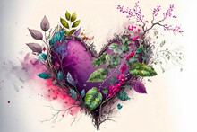 Watercolor Heart. Colorful Twigs, Leaves And Flowers Integrated Into The Heart, In The Shape Of A Heart. Colorful Graphics For Valentine's Day. Design For Invitation, Wedding, Greeting Card Or T-Shirt