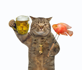 Wall Mural - Cat holds goldfish and mug of beer