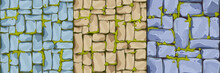 Set Stone Wall, Pavement From Bricks, Rocks With Moss , Game Background In Cartoon Style, Seamless Textured Surface. Ui Game Asset, Road Or Floor Material