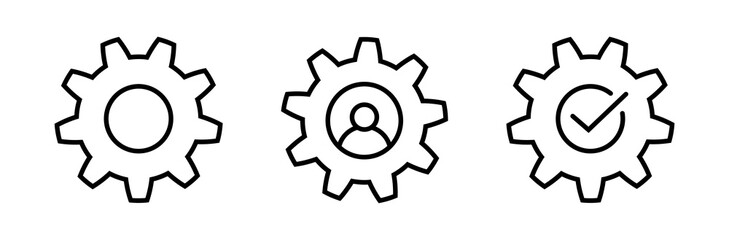 Wall Mural - Man and cog, gear with check line icon set. Process flat symbols on white. Man and gear thin line sign. Abstract simple process icon in black. Vector illustration for graphic design, Web, UI, app.
