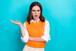 Portrait of unsatisfied confused unhappy girl with straight hairdo wear white shirt offended resent isolated on turquoise color background