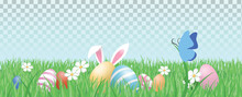 Easter Eggs With Bunny Ears In A Garden Grass Banner Isolated Vector. Springtime Lawn Grass With Daisy Flowers And Butterfly.