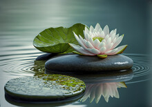 Lotus Flower And Zen Stones On Black Background With Reflection. Spa Concept. Generative AI