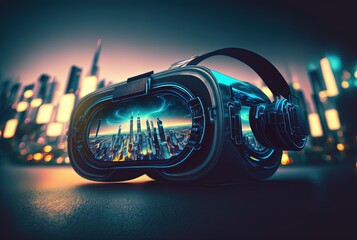 Wall Mural - illustration of VR headset with cyber theme light glow and neon light trail, background with future cityscape on glasses interface	Generative Ai