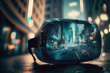 Wall Mural - illustration of VR headset with cyber theme light glow and neon light trail, background with future cityscape on glasses interface	Generative Ai