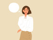 © Madua - Young office female with curious or pensive face standing with thought bubble. Concept of thinking, decision, business problem solving, considered gesture. Flat vector illustration. Person character.