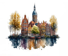 Watercolor Painted Traditional Old Buildings In Amsterdam, The Netherlands. Amsterdam Old Houses For Travel Poster, City Symbols For Postcards, Card Boards Illustration. Generative Ai