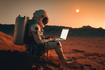 Wall Mural - astronaut with laptop at mars made with generative ai