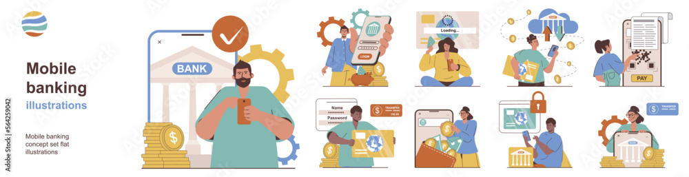 Mobile banking concept with character situations collection. Bundle of ...