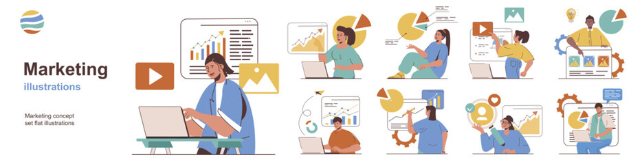 Marketing concept with character situations collection. Bundle of scenes people analyzing data of business, planning promotion strategy and organizate work. Vector illustrations in flat web design