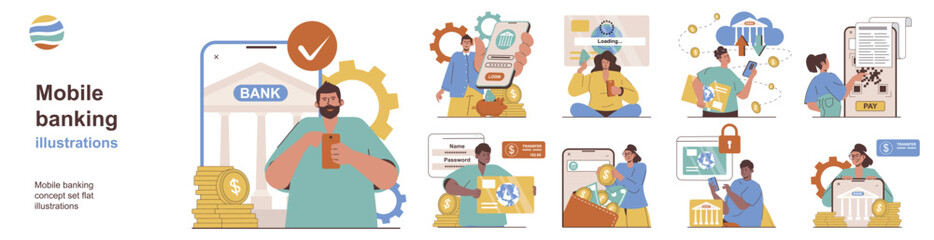 Aufkleber - Mobile banking concept with character situations collection. Bundle of scenes people using bank application for money control, making transactions and payment. Vector illustrations in flat web design